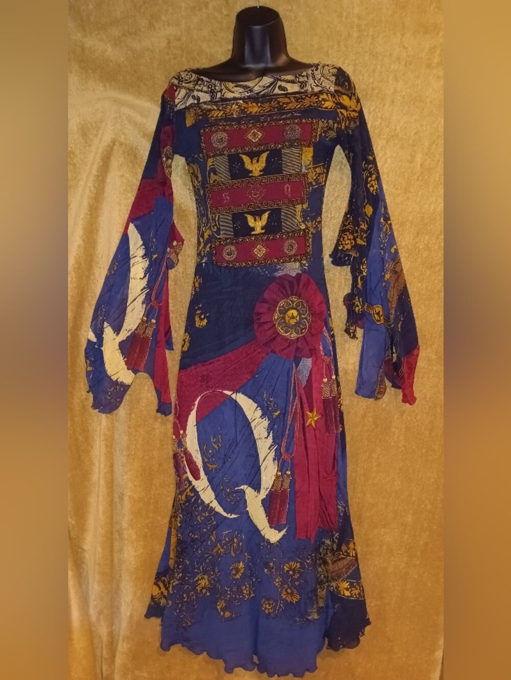 Save The Queen Boho Navy and Burgundy Print Maxi Dress with Bell Sleeves